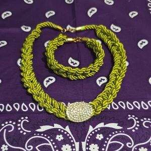 Women's Braided Lime Green Necklace & Bracelet Set with Crystal Accent